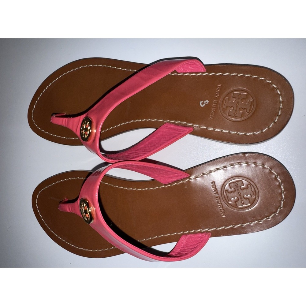 Tory Burch‎ Leighanne Thong Flip Flop Sandals 7.5 Pink Patent Leather Flat A - Picture 2 of 6